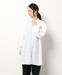 Samansa Mos2 blue | バンドカラーギャザーチュニックシャツ(シャツ/ブラウス)