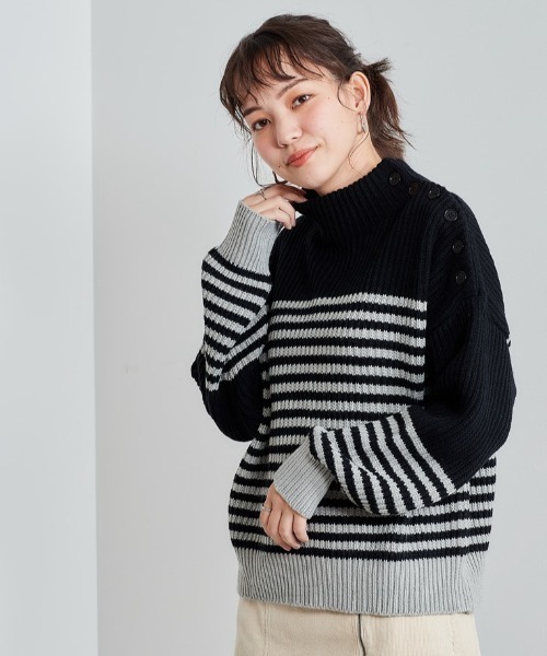 cepo（セポ）の「モックネック カタボタンニット　柄アソート（ニット/セーター・レディース・ブラック/グレー/オフホワイト/イエロー・M）」の3枚目の写真