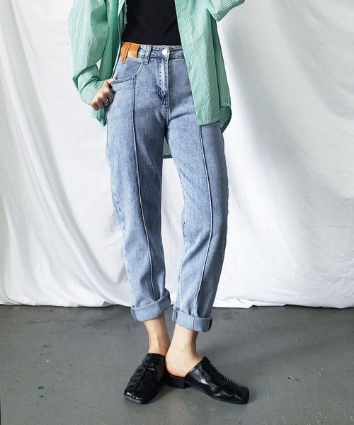 me+em select（ミームセレクト）の「【 S／M／L／XLサイズ展開 】ダブルタグテーパードスキニーストレッチデニムパンツ（デニムパンツ・レディース・ブルー・LARGE/MEDIUM/SMALL/X-LARGE）」の2枚目の写真