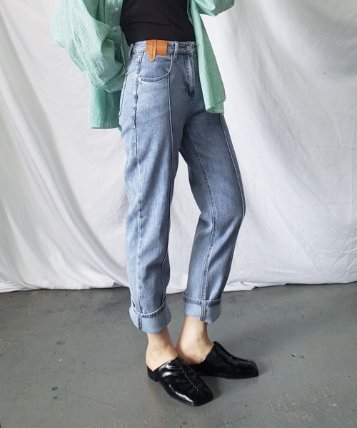 me+em select（ミームセレクト）の「【 S／M／L／XLサイズ展開 】ダブルタグテーパードスキニーストレッチデニムパンツ（デニムパンツ・レディース・ブルー・LARGE/MEDIUM/SMALL/X-LARGE）」の3枚目の写真