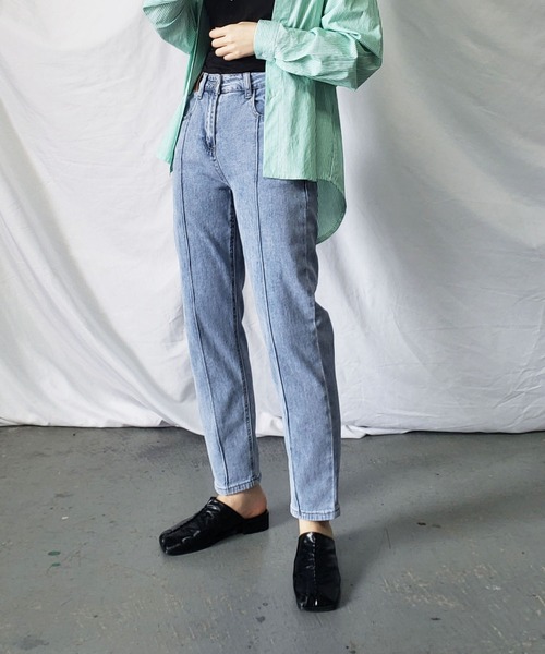 me+em select（ミームセレクト）の「【 S／M／L／XLサイズ展開 】ダブルタグテーパードスキニーストレッチデニムパンツ（デニムパンツ・レディース・ブルー・LARGE/MEDIUM/SMALL/X-LARGE）」の4枚目の写真