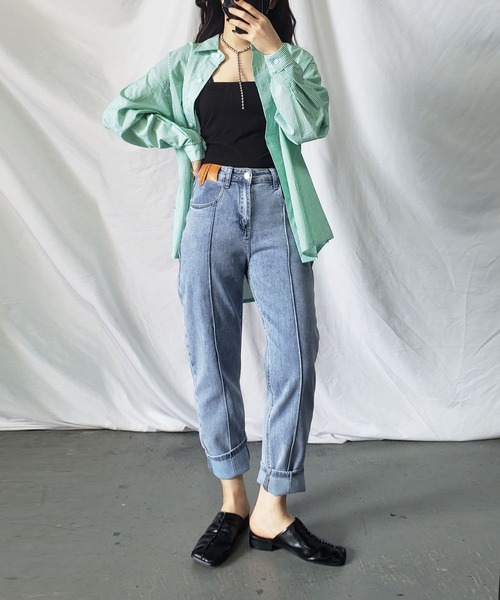 me+em select（ミームセレクト）の「【 S／M／L／XLサイズ展開 】ダブルタグテーパードスキニーストレッチデニムパンツ（デニムパンツ・レディース・ブルー・LARGE/MEDIUM/SMALL/X-LARGE）」の7枚目の写真