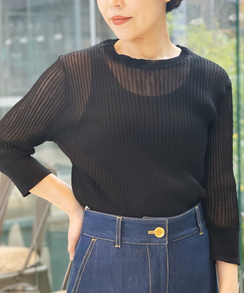 journal standard L'essage（ジャーナルスタンダードレサージュ）の「COSOシースルーリブプルオーバー（ニット/セーター・レディース・ブラック/オレンジ/アイボリー・FREE）」の3枚目の写真