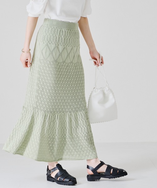 acro（アクロ）の「■■透かし編みニットマーメイドスカート【SETUP可】/AC1364（スカート・レディース・ブラック/ベージュ/グリーン・ﾌﾘ-）」の3枚目の写真