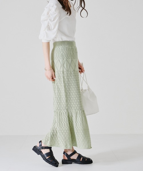 acro（アクロ）の「■■透かし編みニットマーメイドスカート【SETUP可】/AC1364（スカート・レディース・ブラック/ベージュ/グリーン・ﾌﾘ-）」の12枚目の写真