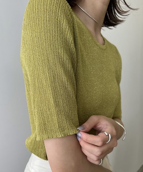 Amiur（エミレ）の「lame rib knit tops（ニット/セーター・レディース・ベージュ/グリーン/ラベンダー・FREE）」の9枚目の写真