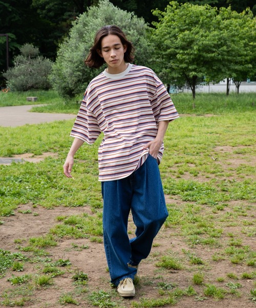 WEGO(ウィゴー)の「WEGO/ヘビーウエイト レトロボーダーBIGT(Tシャツ/カットソー・メンズ・ホワイト/ダークグリーン・LARGE/MEDIUM)」の3枚目の写真