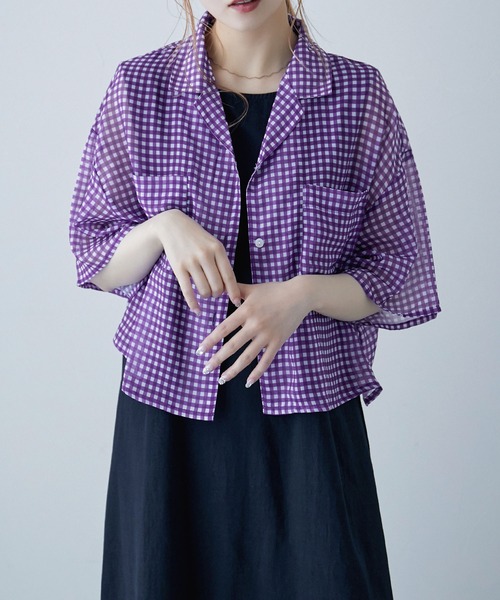 etoll.（エトル）の「シアーチェック ショートシャツ（シャツ/ブラウス・レディース・ネイビー/パープル/グリーン・M）」の3枚目の写真