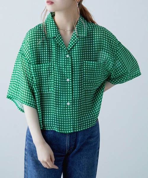 ブラウス シャツ 「cloche」ショートチェックBL レディース Adoon plain ブラウス シャツ 「ロゴトートバッグ付き！」開襟