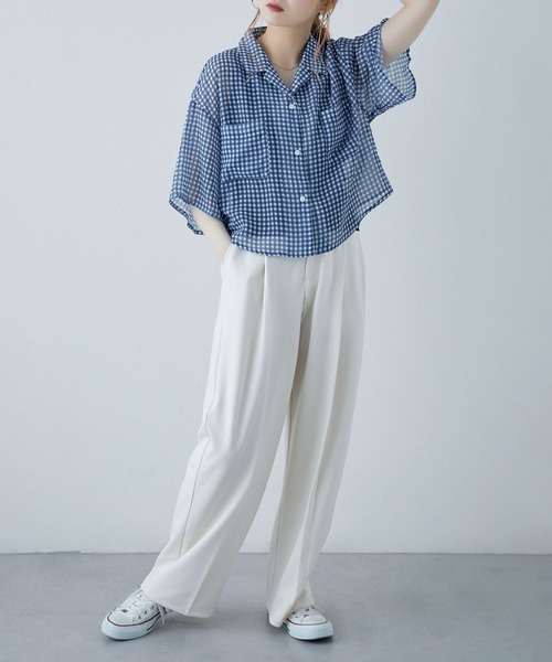 etoll.（エトル）の「シアーチェック ショートシャツ（シャツ/ブラウス・レディース・ネイビー/パープル/グリーン・M）」の4枚目の写真