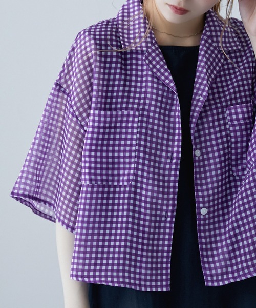 etoll.（エトル）の「シアーチェック ショートシャツ（シャツ/ブラウス・レディース・ネイビー/パープル/グリーン・M）」の15枚目の写真