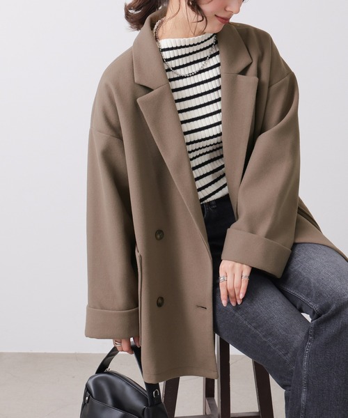 frames RAY CASSIN（フレームスレイカズン）の「ニットモッサライト ダブルテイラーミドルジャケット（テーラードジャケット・レディース・ブルー/ブラウン/キナリ・FREE）」の2枚目の写真