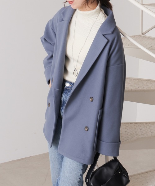 frames RAY CASSIN（フレームスレイカズン）の「ニットモッサライト ダブルテイラーミドルジャケット（テーラードジャケット・レディース・ブルー/ブラウン/キナリ・FREE）」の3枚目の写真