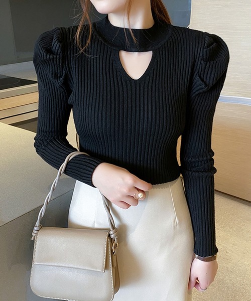 Jewelobe（ジュエローブ）の「カットアウト袖タックタイトニットトップス（ニット/セーター・レディース・ホワイト/ブラック/ベージュ/ブラウン/オレンジ/グリーン・FREE）」の3枚目の写真