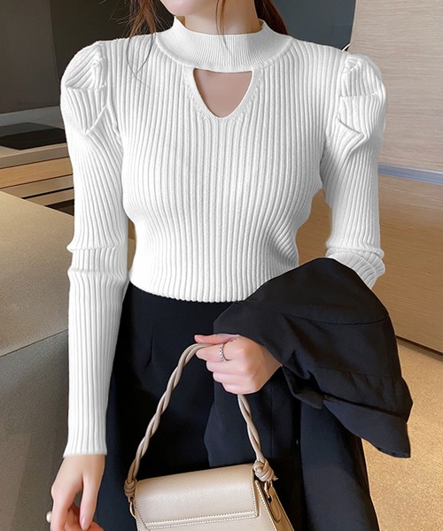 Jewelobe（ジュエローブ）の「カットアウト袖タックタイトニットトップス（ニット/セーター・レディース・ホワイト/ブラック/ベージュ/ブラウン/オレンジ/グリーン・FREE）」の13枚目の写真