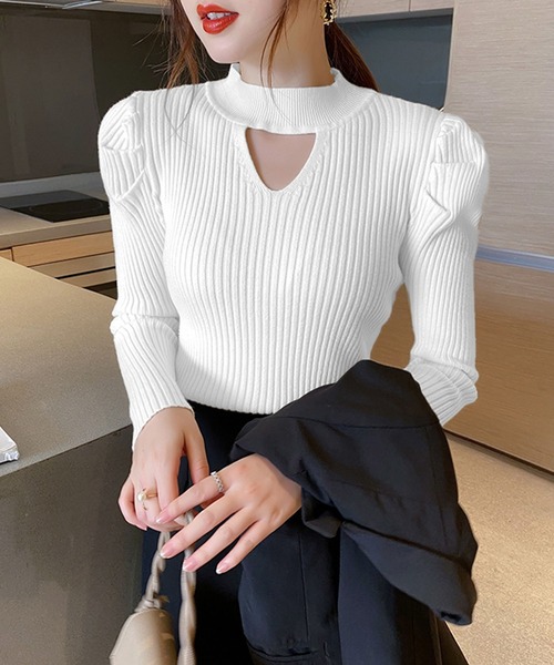 シュ―ト!　まとめ売り セール】カットアウト袖タックタイトニットトップス（ニット