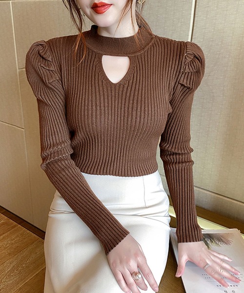 Jewelobe（ジュエローブ）の「カットアウト袖タックタイトニットトップス（ニット/セーター・レディース・ホワイト/ブラック/ベージュ/ブラウン/オレンジ/グリーン・FREE）」の12枚目の写真