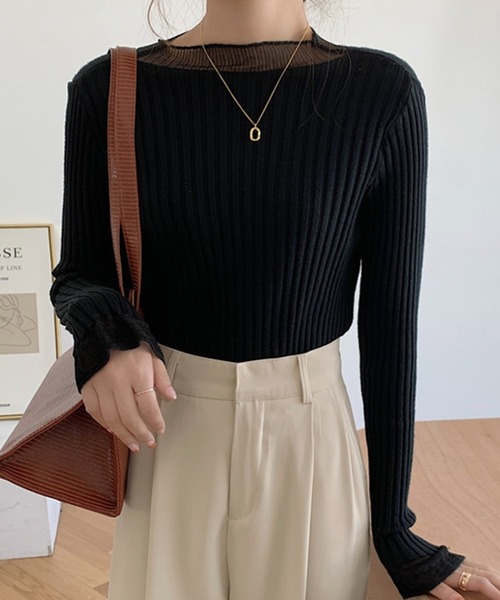 LAFFMO（ラフモ）の「リブドッキングシアーニットトップス（ニット/セーター・レディース・ホワイト/ブラック/イエロー/ブルー/パープル・FREE）」の3枚目の写真