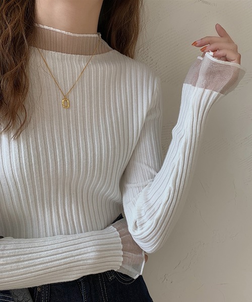 LAFFMO（ラフモ）の「リブドッキングシアーニットトップス（ニット/セーター・レディース・ホワイト/ブラック/イエロー/ブルー/パープル・FREE）」の6枚目の写真