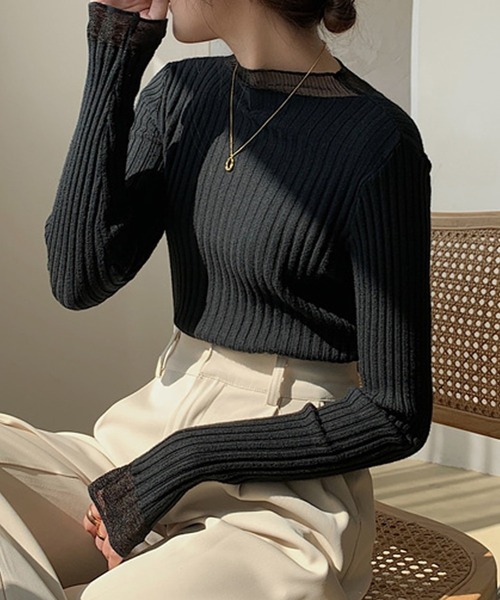 LAFFMO（ラフモ）の「リブドッキングシアーニットトップス（ニット/セーター・レディース・ホワイト/ブラック/イエロー/ブルー/パープル・FREE）」の11枚目の写真