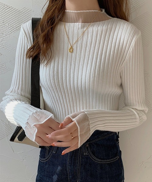 LAFFMO（ラフモ）の「リブドッキングシアーニットトップス（ニット/セーター・レディース・ホワイト/ブラック/イエロー/ブルー/パープル・FREE）」の7枚目の写真