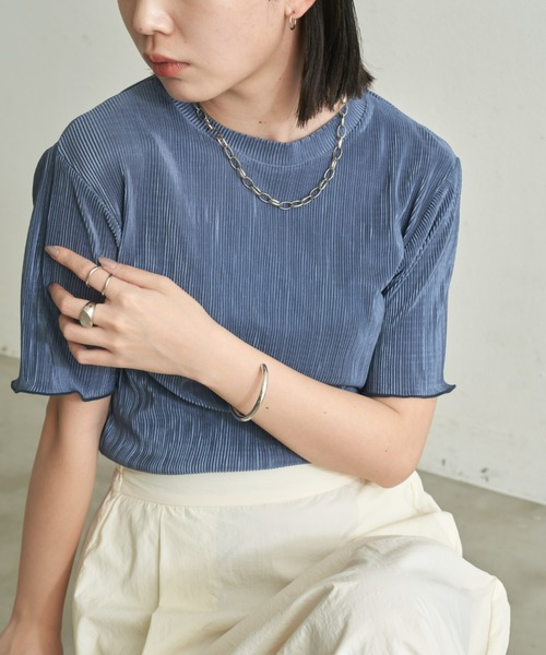 Aunt Marie's（アントマリーズ）の「ミニプリーツハーフスリーブカットソー（Tシャツ/カットソー・レディース・グレー/ブルー/ブラック/ネイビー/オレンジ/グリーン・FREE）」の5枚目の写真