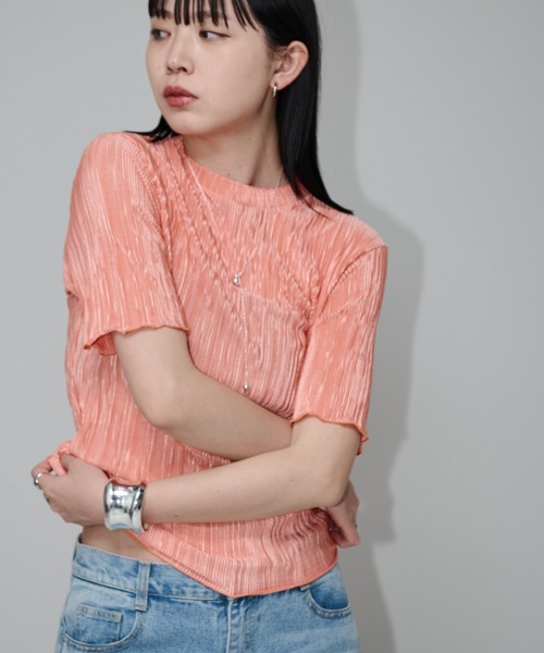 Aunt Marie's（アントマリーズ）の「ミニプリーツハーフスリーブカットソー（Tシャツ/カットソー・レディース・グレー/ブルー/ブラック/ネイビー/オレンジ/グリーン・FREE）」の8枚目の写真