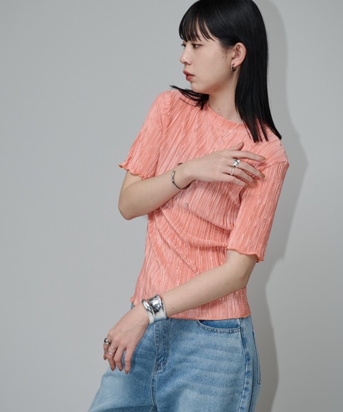 Aunt Marie's（アントマリーズ）の「ミニプリーツハーフスリーブカットソー（Tシャツ/カットソー・レディース・グレー/ブルー/ブラック/ネイビー/オレンジ/グリーン・FREE）」の11枚目の写真
