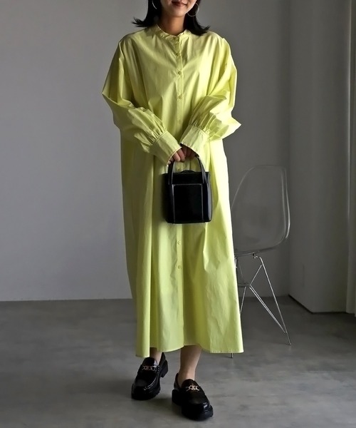 Bonjour Sagan（ボンジュールサガン）の「ボリュームスリーブバンドカラーシャツワンピース（シャツワンピース・レディース・ライトピンク/ライトブルー/ブラック/オフホワイト/イエロー・FREE）」の4枚目の写真