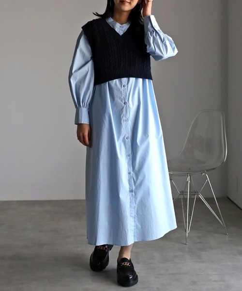 Bonjour Sagan（ボンジュールサガン）の「ボリュームスリーブバンドカラーシャツワンピース（シャツワンピース・レディース・ライトピンク/ライトブルー/ブラック/オフホワイト/イエロー・FREE）」の3枚目の写真