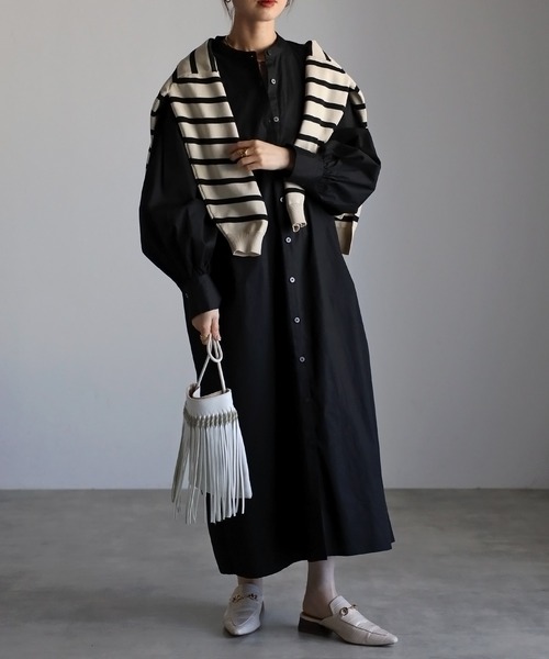 Bonjour Sagan（ボンジュールサガン）の「ボリュームスリーブバンドカラーシャツワンピース（シャツワンピース・レディース・ライトピンク/ライトブルー/ブラック/オフホワイト/イエロー・FREE）」の2枚目の写真