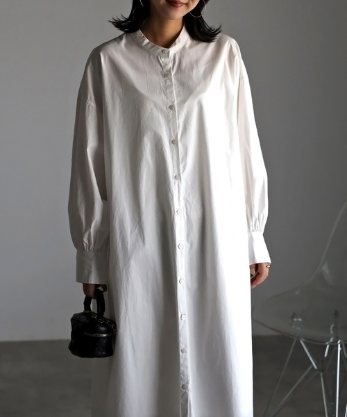 Bonjour Sagan（ボンジュールサガン）の「ボリュームスリーブバンドカラーシャツワンピース（シャツワンピース・レディース・ライトピンク/ライトブルー/ブラック/オフホワイト/イエロー・FREE）」の6枚目の写真