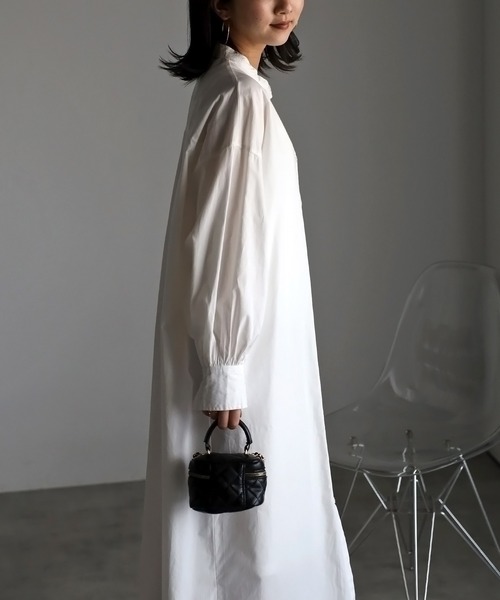 Bonjour Sagan（ボンジュールサガン）の「ボリュームスリーブバンドカラーシャツワンピース（シャツワンピース・レディース・ライトピンク/ライトブルー/ブラック/オフホワイト/イエロー・FREE）」の8枚目の写真