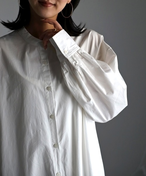 Bonjour Sagan（ボンジュールサガン）の「ボリュームスリーブバンドカラーシャツワンピース（シャツワンピース・レディース・ライトピンク/ライトブルー/ブラック/オフホワイト/イエロー・FREE）」の12枚目の写真