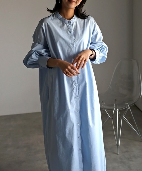 Bonjour Sagan（ボンジュールサガン）の「ボリュームスリーブバンドカラーシャツワンピース（シャツワンピース・レディース・ライトピンク/ライトブルー/ブラック/オフホワイト/イエロー・FREE）」の20枚目の写真