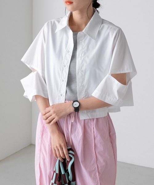 フォクシー【42】半袖 開襟シャツ 大きいサイズ ストレッチ クロップド丈 forksy.】カットオフ半袖クロップドシャツ forksy.│MONO-MART