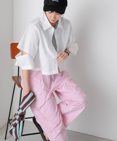 フォクシー【42】半袖 開襟シャツ 大きいサイズ ストレッチ クロップド丈 forksy.】カットオフ半袖クロップドシャツ forksy.│MONO-MART