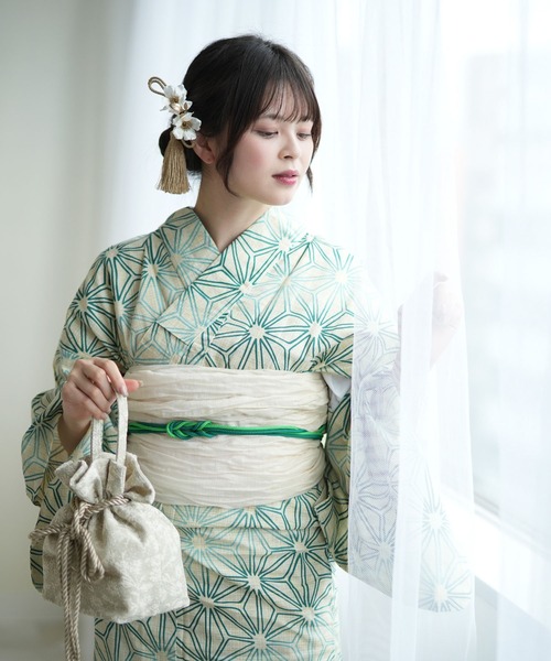 utatane ウタタネ 花柄浴衣・帯セット グリーン utatane（ウタタネ）の「浴衣3点セット 綿麻 グリーンの麻の葉