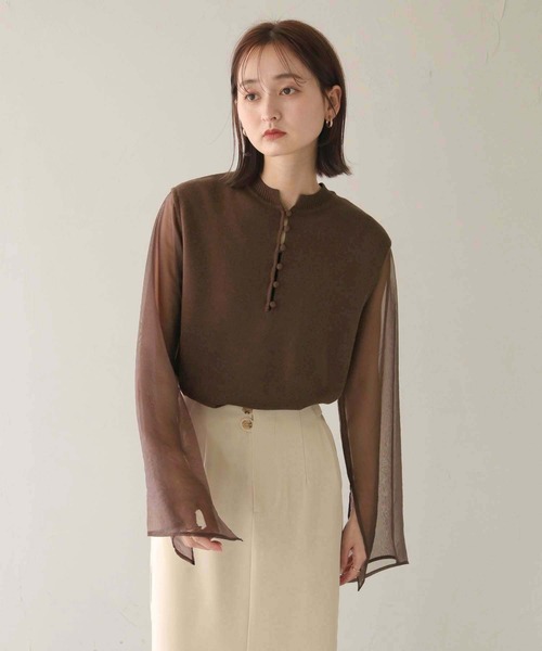 CLEIO（クレイオ）の「【CLEIO】オーガンジーフレアスリーブニット（ニット/セーター・レディース・ダークブラウン/モカ/アイボリー・FREE）」の4枚目の写真