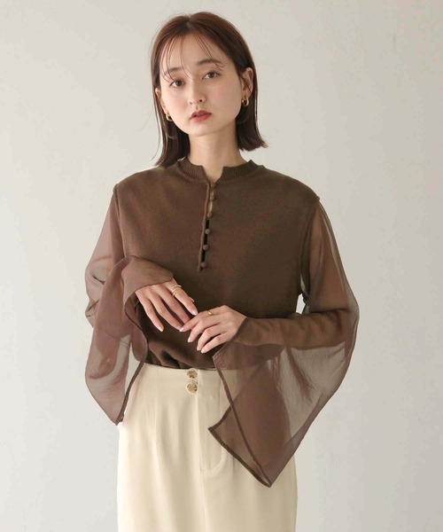 CLEIO（クレイオ）の「【CLEIO】オーガンジーフレアスリーブニット（ニット/セーター・レディース・ダークブラウン/モカ/アイボリー・FREE）」の5枚目の写真