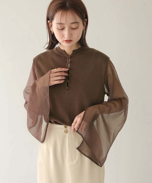 CLEIO（クレイオ）の「【CLEIO】オーガンジーフレアスリーブニット（ニット/セーター・レディース・ダークブラウン/モカ/アイボリー・FREE）」の6枚目の写真