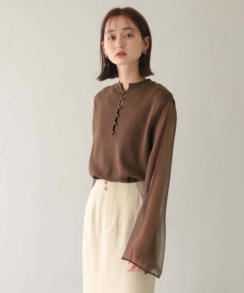 CLEIO（クレイオ）の「【CLEIO】オーガンジーフレアスリーブニット（ニット/セーター・レディース・ダークブラウン/モカ/アイボリー・FREE）」の7枚目の写真