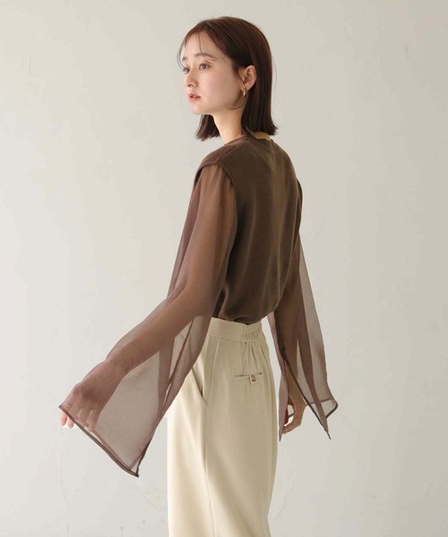 CLEIO（クレイオ）の「【CLEIO】オーガンジーフレアスリーブニット（ニット/セーター・レディース・ダークブラウン/モカ/アイボリー・FREE）」の8枚目の写真