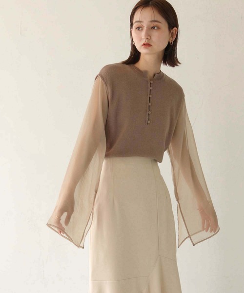 CLEIO（クレイオ）の「【CLEIO】オーガンジーフレアスリーブニット（ニット/セーター・レディース・ダークブラウン/モカ/アイボリー・FREE）」の21枚目の写真