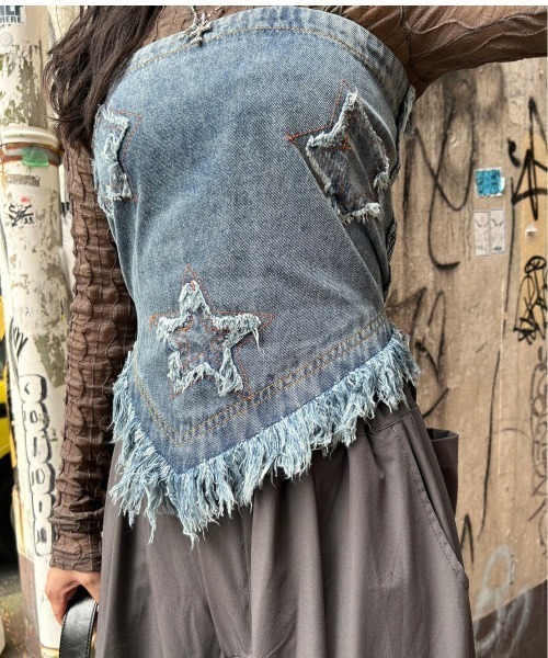 XU(エックスユー)の「【XU/エックスユー】star vintage denim top/ スター ビンテージ デニム トップス フリンジデニム(その他トップス・レディース・ブルー・ONE SIZE)」の1枚目の写真