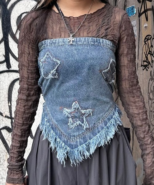XU(エックスユー)の「【XU/エックスユー】star vintage denim top/ スター ビンテージ デニム トップス フリンジデニム(その他トップス・レディース・ブルー・ONE SIZE)」の2枚目の写真