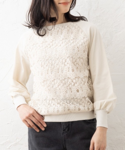 aunt lily(アントリリー)の「フロントレースコンビコンシャススリーブプルオーバー(Tシャツ/カットソー・レディース・ブラック/オフホワイト/ブルー・S/M/L/LL/3L)」の2枚目の写真