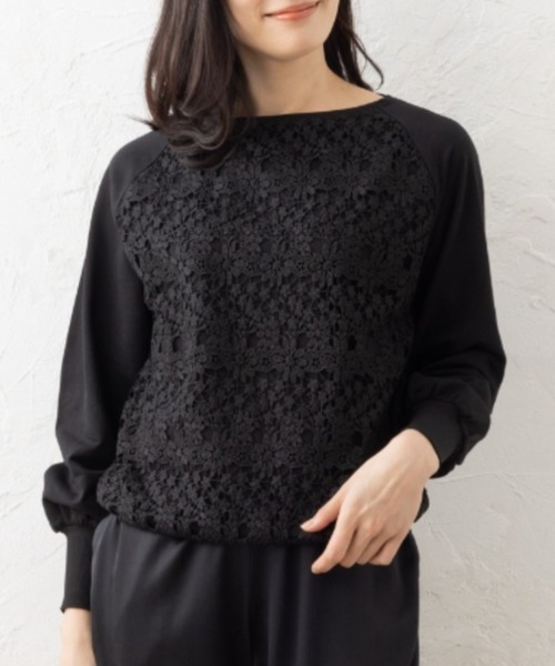 aunt lily(アントリリー)の「フロントレースコンビコンシャススリーブプルオーバー(Tシャツ/カットソー・レディース・ブラック/オフホワイト/ブルー・S/M/L/LL/3L)」の1枚目の写真