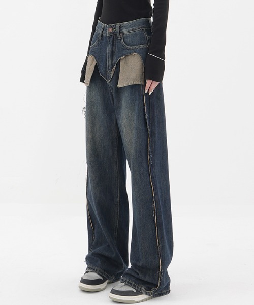 Vipoa（ヴィポア）の「ダメージポケットワイドデニムパンツ（デニムパンツ・レディース・ブルー・MEDIUM/LARGE）」の4枚目の写真
