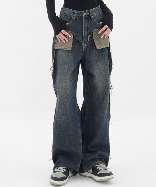 Vipoa（ヴィポア）の「ダメージポケットワイドデニムパンツ（デニムパンツ・レディース・ブルー・MEDIUM/LARGE）」の3枚目の写真